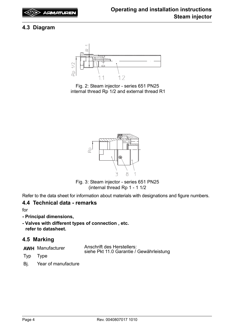 3 diagram, 4 technical data - remarks, 5 marking | ARI Armaturen Steam injector PN25 EN User Manual | Page 4 / 8