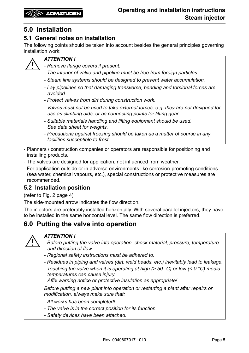 0 installation, 1 general notes on installation, 2 installation position | 0 putting the valve into operation | ARI Armaturen Steam injector PN25 EN User Manual | Page 5 / 8