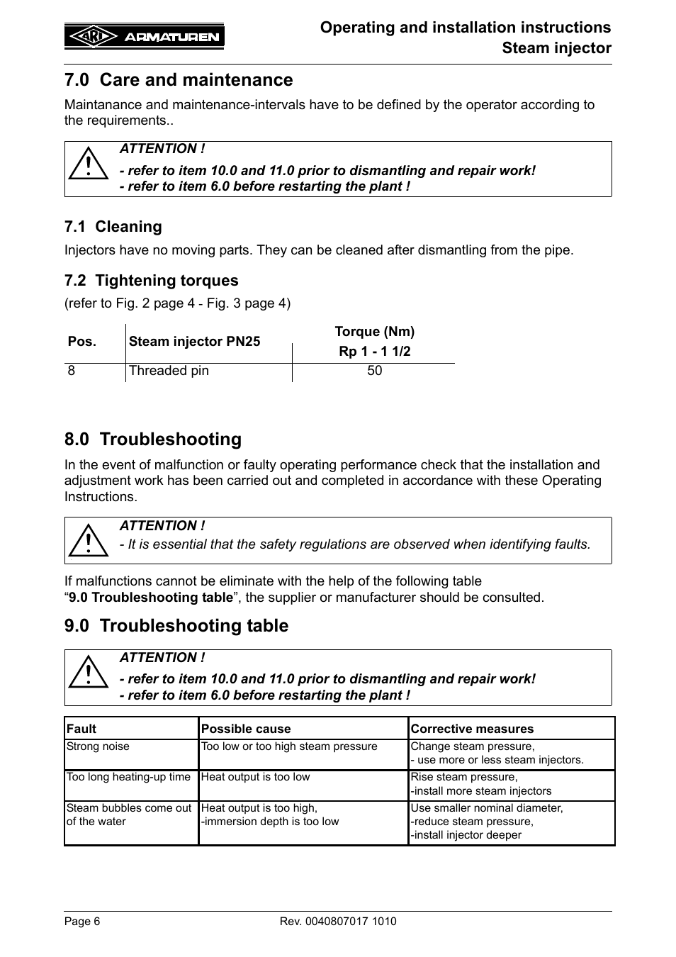 0 care and maintenance, 1 cleaning, 2 tightening torques | 0 troubleshooting, 0 troubleshooting table | ARI Armaturen Steam injector PN25 EN User Manual | Page 6 / 8