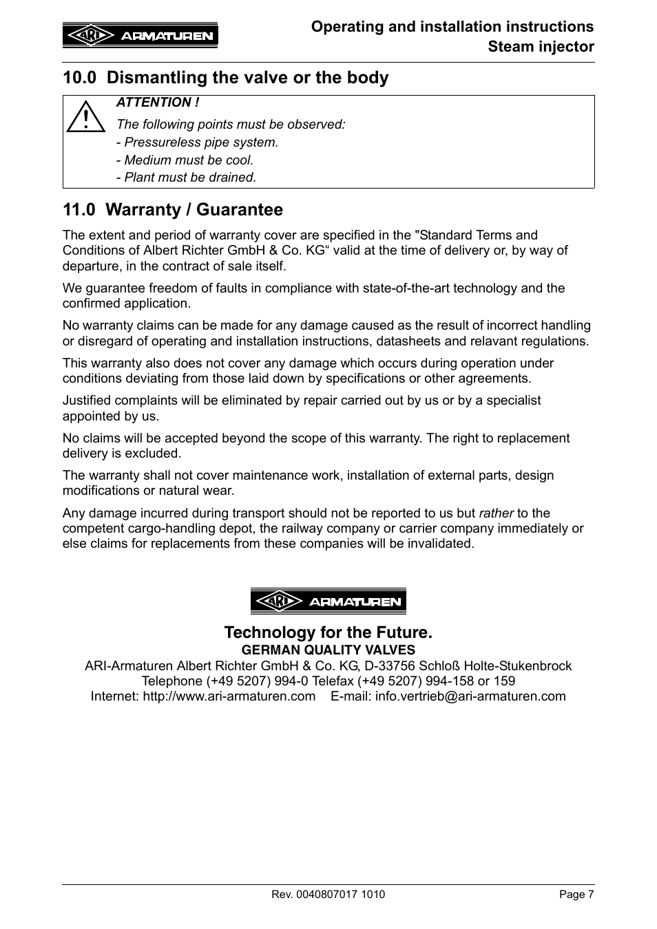0 dismantling the valve or the body, 0 warranty / guarantee, Refer to item 10.0 and 11.0 prio | Technology for the future | ARI Armaturen Steam injector PN25 EN User Manual | Page 7 / 8