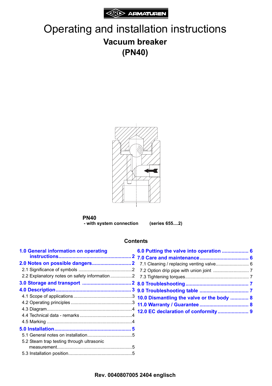 ARI Armaturen Vacuum breaker PN40 EN User Manual | 9 pages