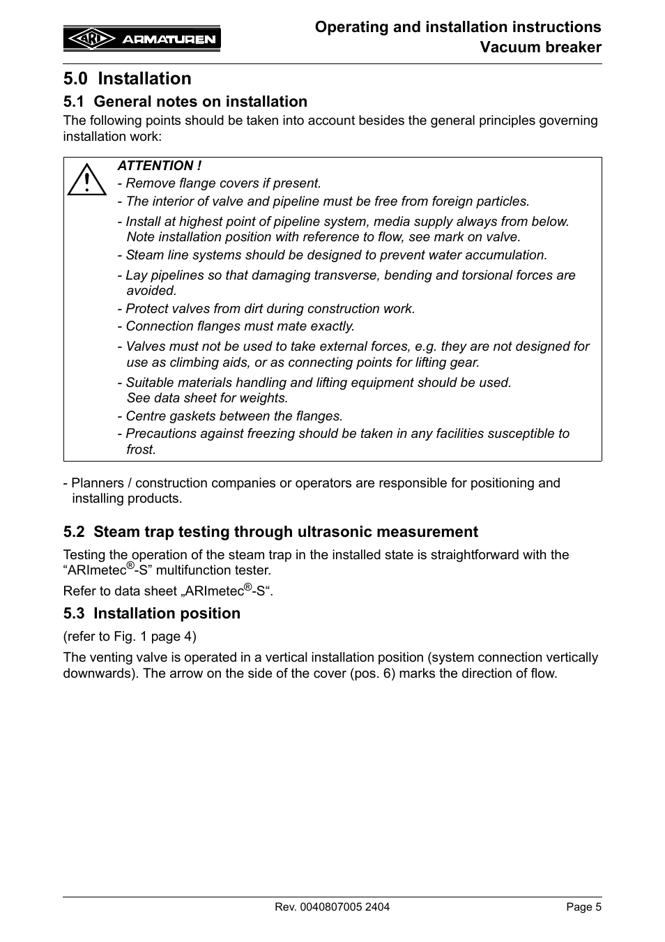 0 installation | ARI Armaturen Vacuum breaker PN40 EN User Manual | Page 5 / 9