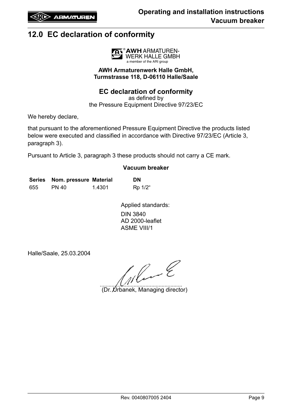 0 ec declaration of conformity, Ec declaration of conformity | ARI Armaturen Vacuum breaker PN40 EN User Manual | Page 9 / 9