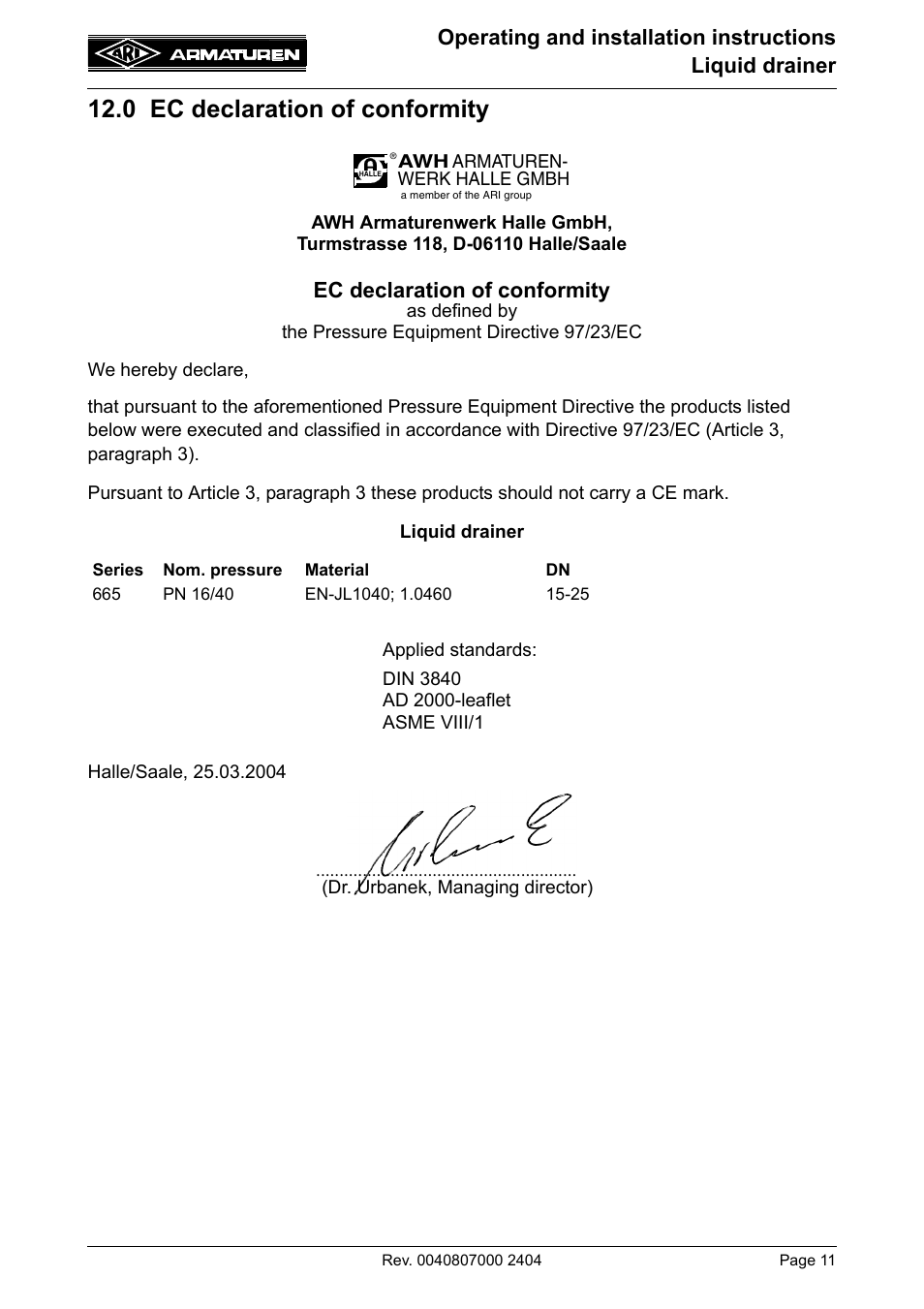 0 ec declaration of conformity, Ec declaration of conformity | ARI Armaturen drainer PN40 EN User Manual | Page 11 / 11