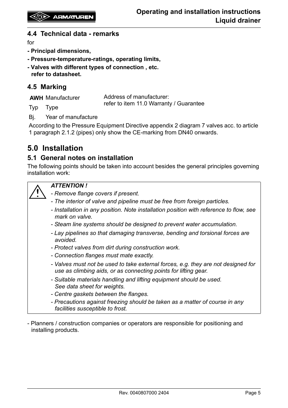 0 installation | ARI Armaturen drainer PN40 EN User Manual | Page 5 / 11
