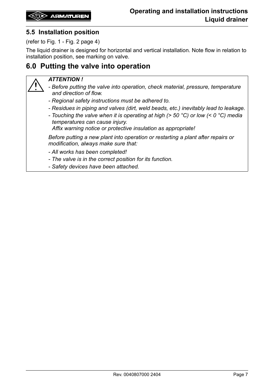 0 putting the valve into operation | ARI Armaturen drainer PN40 EN User Manual | Page 7 / 11