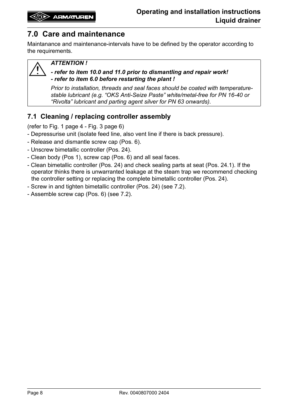 0 care and maintenance | ARI Armaturen drainer PN40 EN User Manual | Page 8 / 11