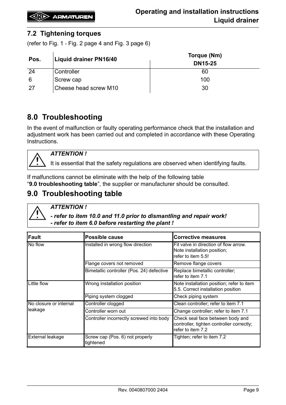 0 troubleshooting, 0 troubleshooting table | ARI Armaturen drainer PN40 EN User Manual | Page 9 / 11
