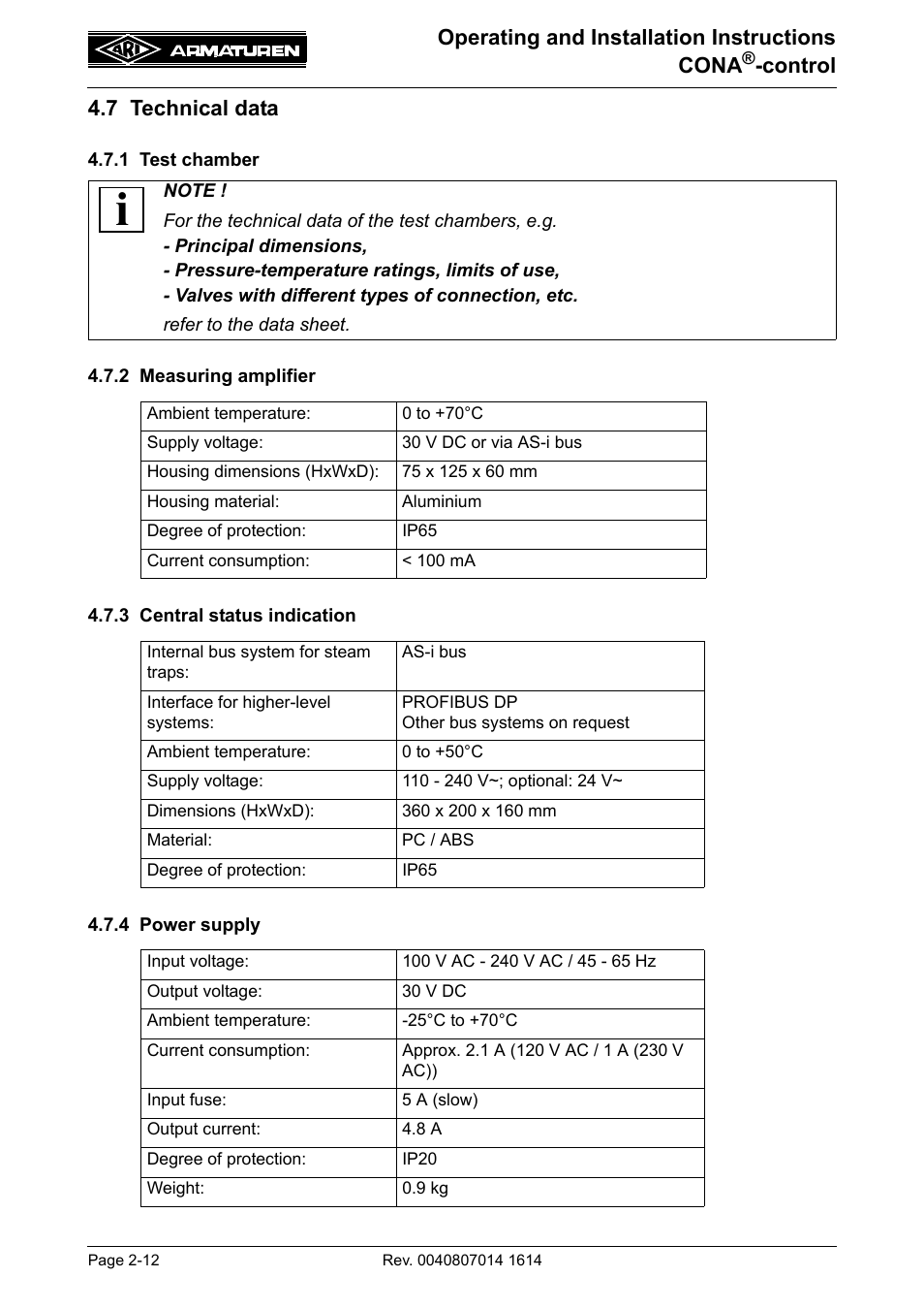 7 technical data, 1 test chamber, 2 measuring amplifier | 3 central status indication, 4 power supply, 7 technical data -12, Operating and installation instructions cona, Control 4.7 technical data | ARI Armaturen CONA control EN User Manual | Page 12 / 36