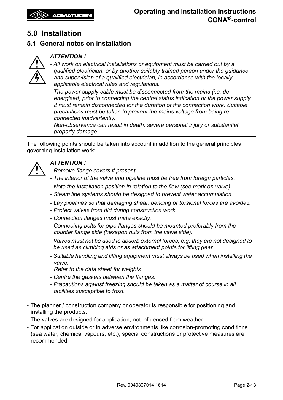 0 installation, 1 general notes on installation, 0 installation -13 | 1 general notes on installation -13 | ARI Armaturen CONA control EN User Manual | Page 13 / 36