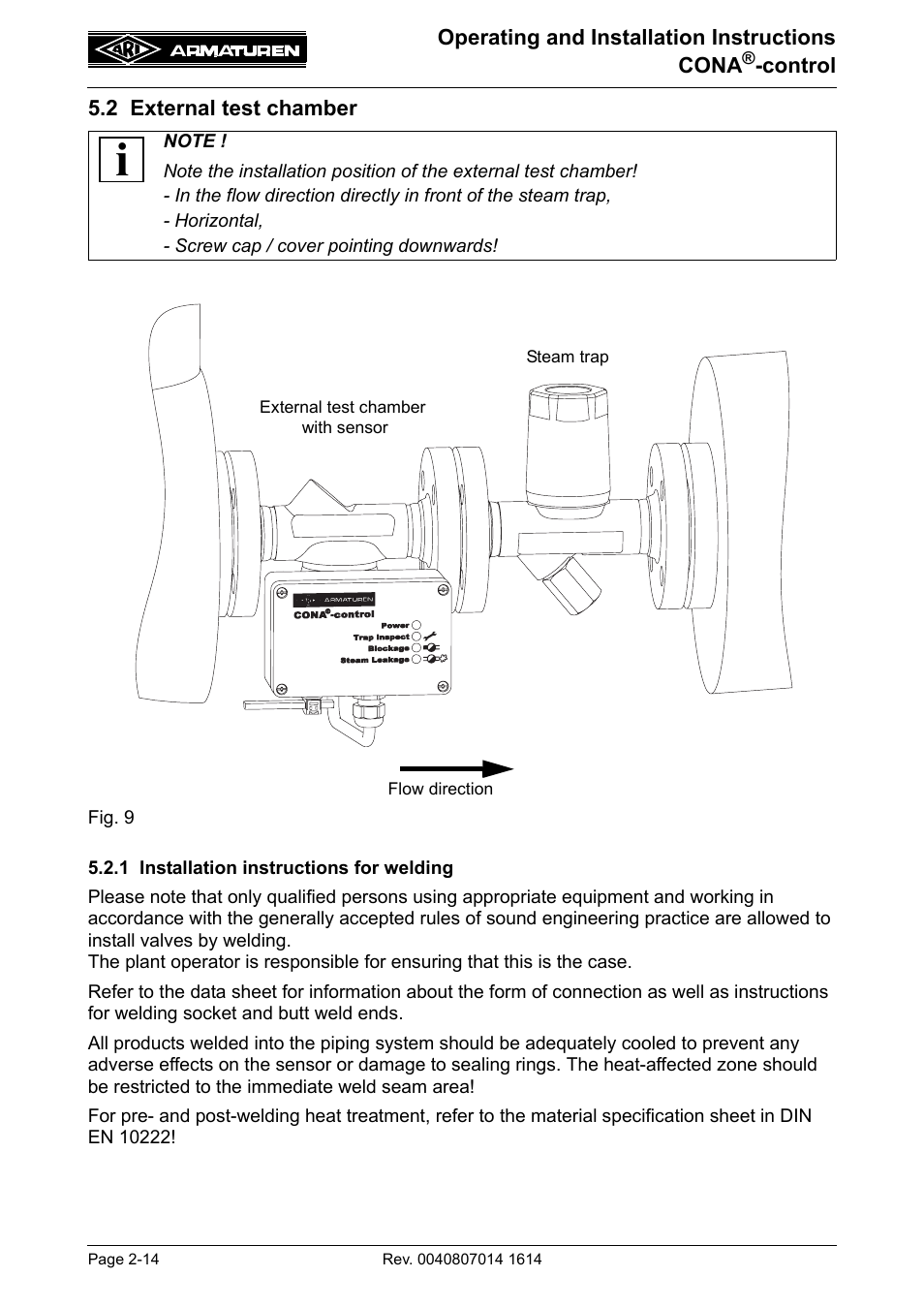 2 external test chamber, 1 installation instructions for welding, 2 external test chamber -14 | 1 installation instructions for welding -14 | ARI Armaturen CONA control EN User Manual | Page 14 / 36