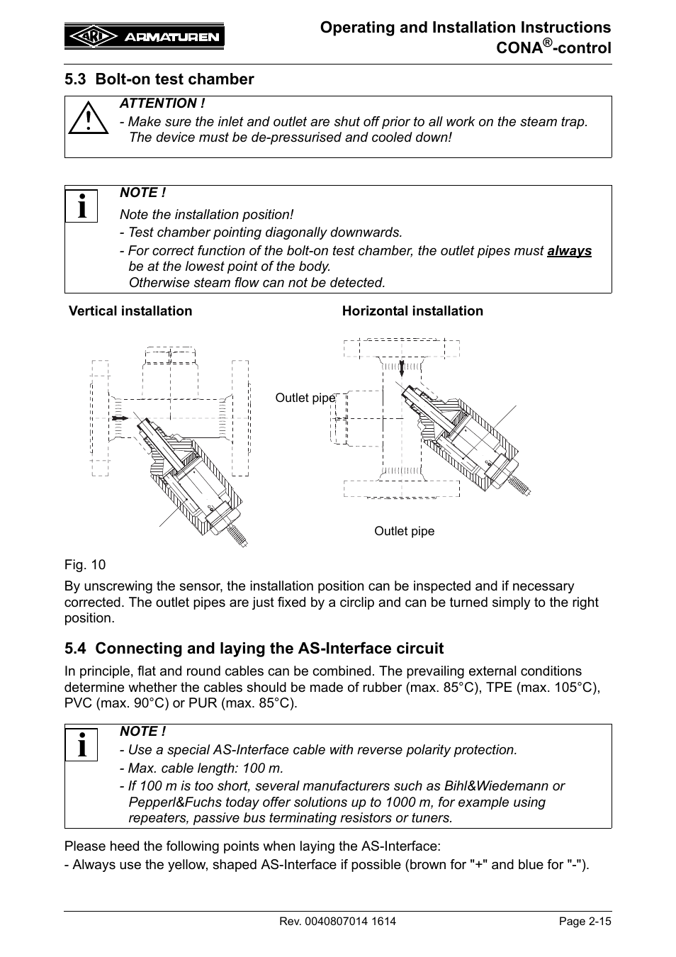 3 bolt-on test chamber, 4 connecting and laying the as-interface circuit | ARI Armaturen CONA control EN User Manual | Page 15 / 36