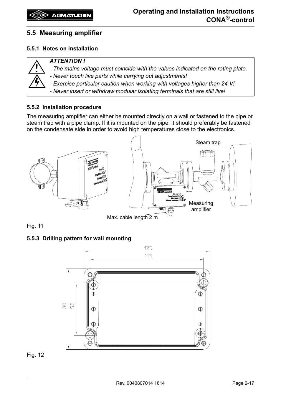 5 measuring amplifier, 1 notes on installation, 2 installation procedure | 3 drilling pattern for wall mounting, 5 measuring amplifier -17 | ARI Armaturen CONA control EN User Manual | Page 17 / 36