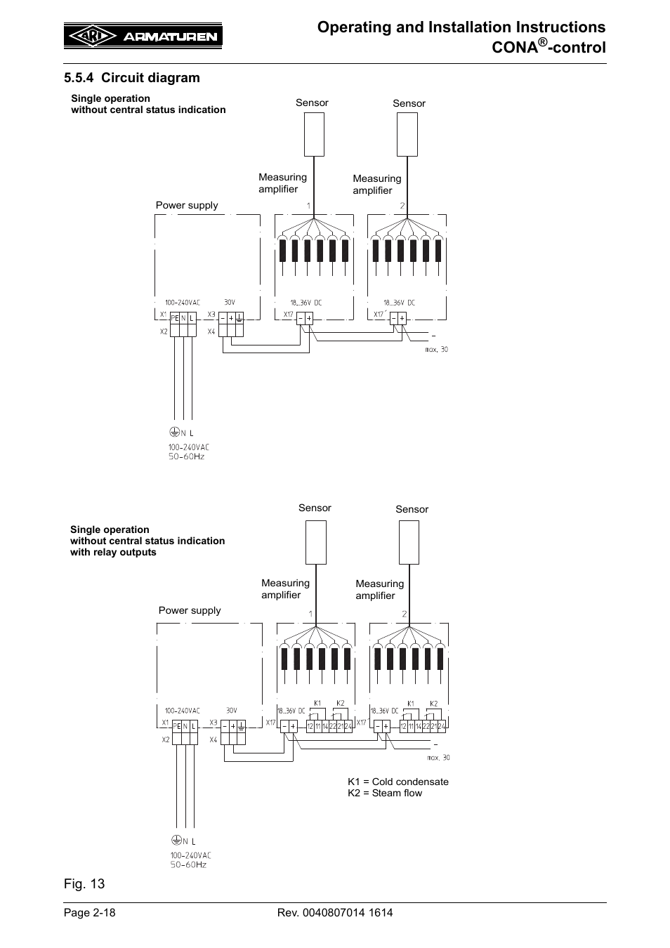 4 circuit diagram, 4 circuit diagram -18, Operating and installation instructions cona | Control, 4 circuit diagram fig. 13 | ARI Armaturen CONA control EN User Manual | Page 18 / 36