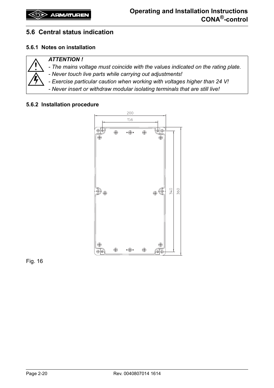 6 central status indication, 1 notes on installation, 2 installation procedure | 6 central status indication -20 | ARI Armaturen CONA control EN User Manual | Page 20 / 36