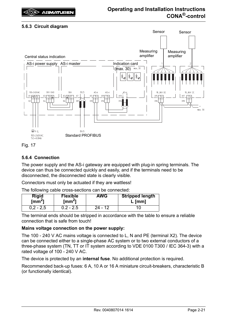 3 circuit diagram, 4 connection, 3 circuit diagram -21 5.6.4 connection -21 | Operating and installation instructions cona, Control | ARI Armaturen CONA control EN User Manual | Page 21 / 36