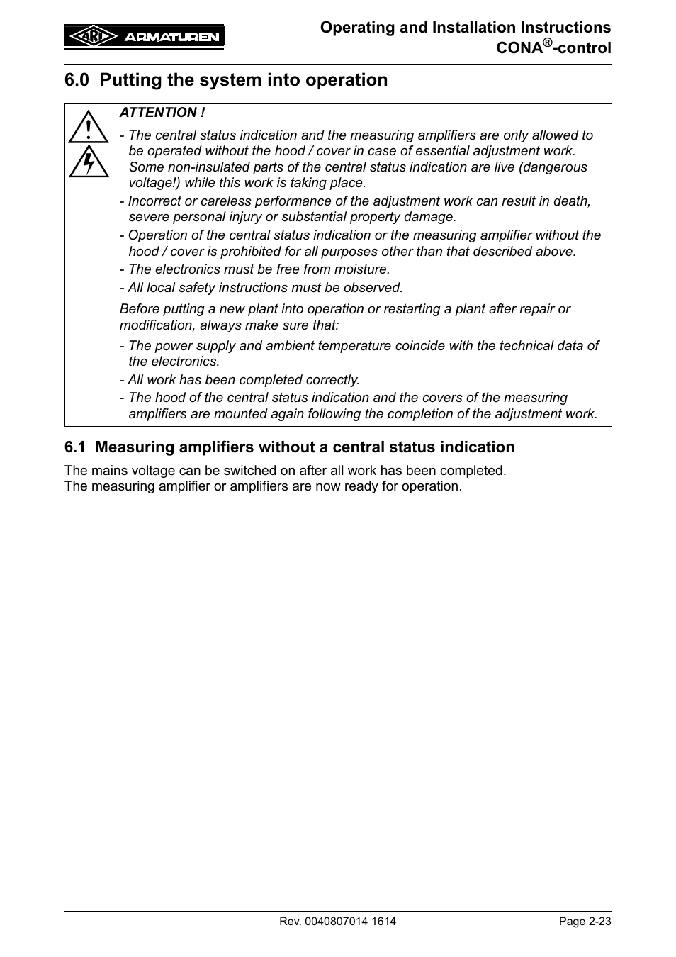 0 putting the system into operation, 0 putting the system into operation -23 | ARI Armaturen CONA control EN User Manual | Page 23 / 36