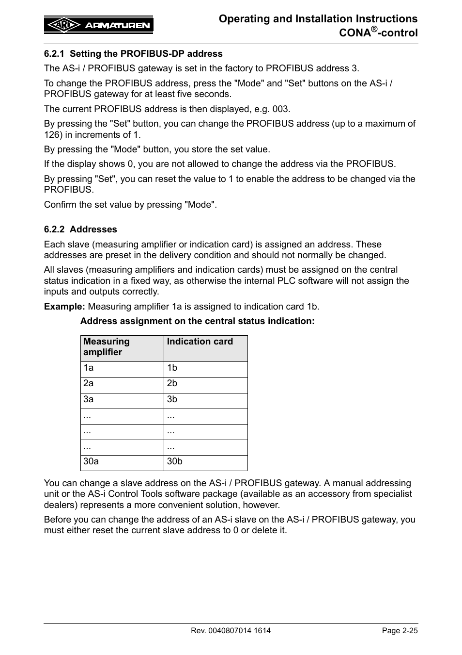 1 setting the profibus-dp address, 2 addresses | ARI Armaturen CONA control EN User Manual | Page 25 / 36