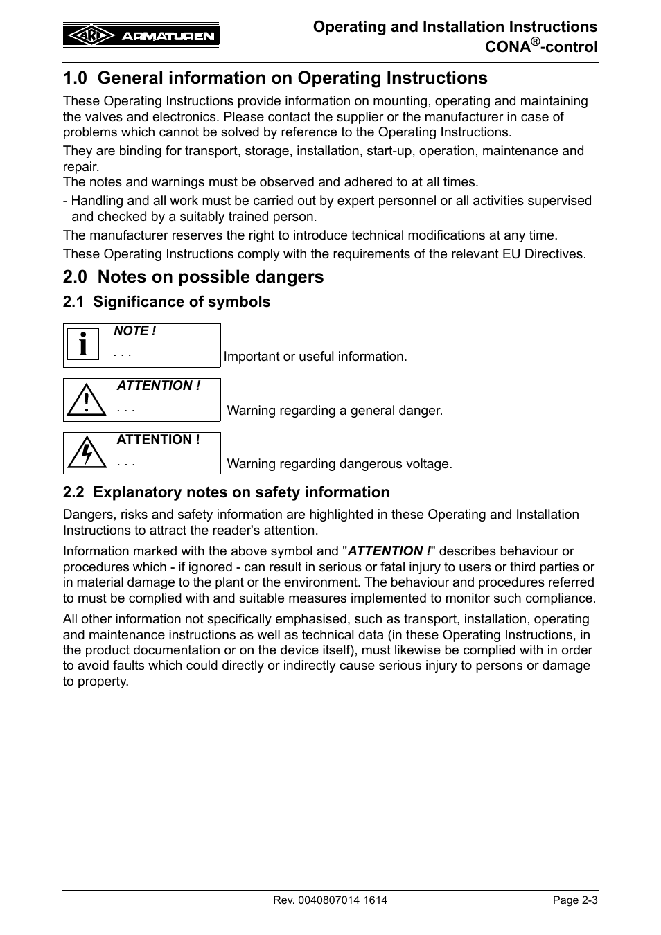 0 general information on operating instructions, 0 notes on possible dangers, 1 significance of symbols | 2 explanatory notes on safety information, 0 notes on possible dangers -3 | ARI Armaturen CONA control EN User Manual | Page 3 / 36