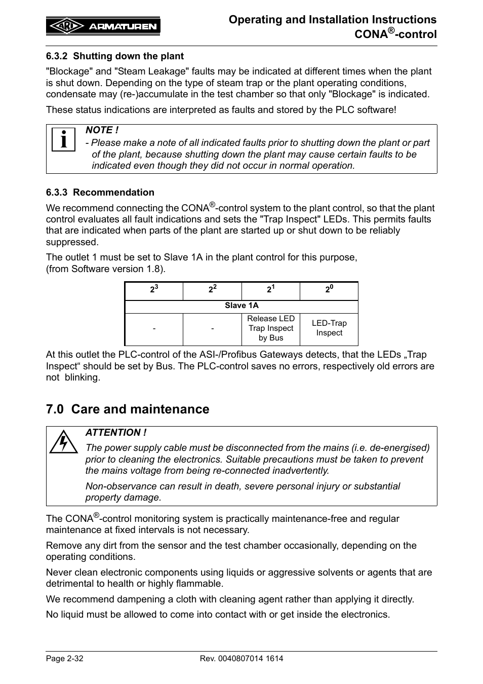 2 shutting down the plant, 3 recommendation, 0 care and maintenance | 0 care and maintenance -32, Operating and installation instructions cona, Control | ARI Armaturen CONA control EN User Manual | Page 32 / 36