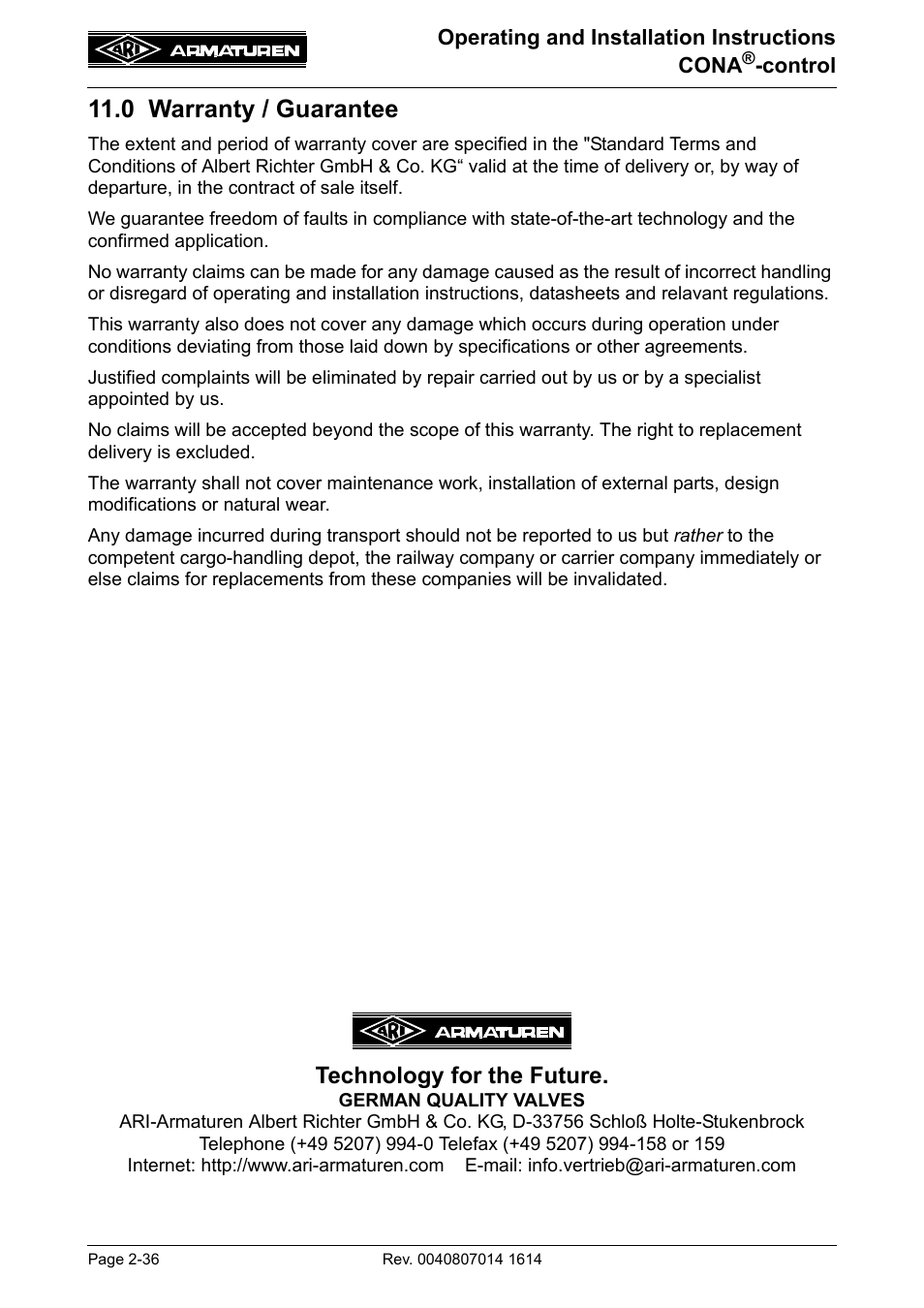 0 warranty / guarantee, 0 warranty / guarantee -36, Technology for the future | ARI Armaturen CONA control EN User Manual | Page 36 / 36