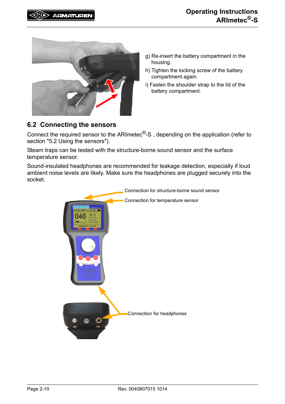 2 connecting the sensors, 2 connecting the sensors -10, Operating instructions arimetec | S 6.2 connecting the sensors | ARI Armaturen ARImetec-S EN User Manual | Page 10 / 34