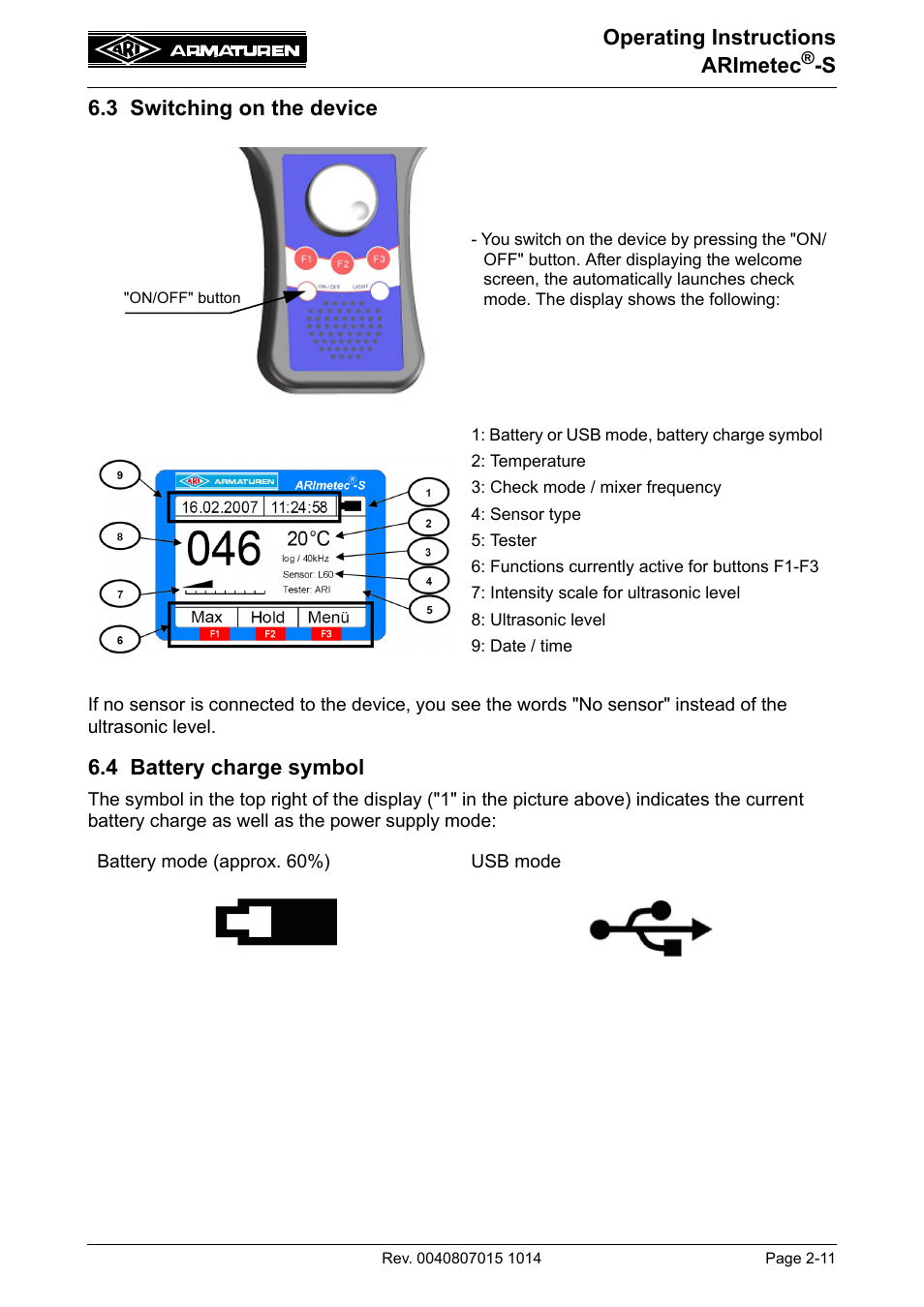 3 switching on the device, 4 battery charge symbol | ARI Armaturen ARImetec-S EN User Manual | Page 11 / 34