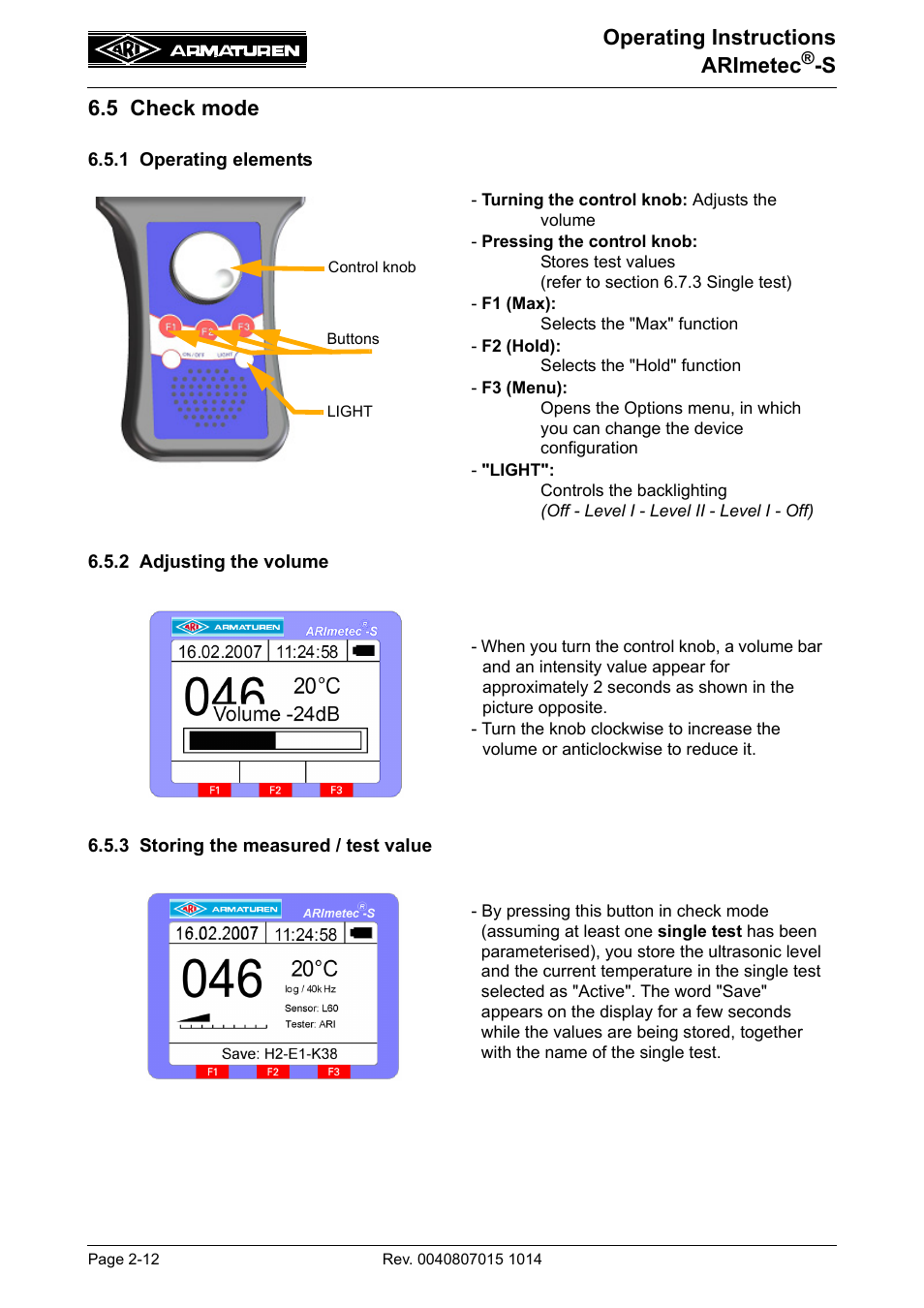 5 check mode, 1 operating elements, 2 adjusting the volume | 3 storing the measured / test value, 5 check mode -12, Operating instructions arimetec, S 6.5 check mode | ARI Armaturen ARImetec-S EN User Manual | Page 12 / 34