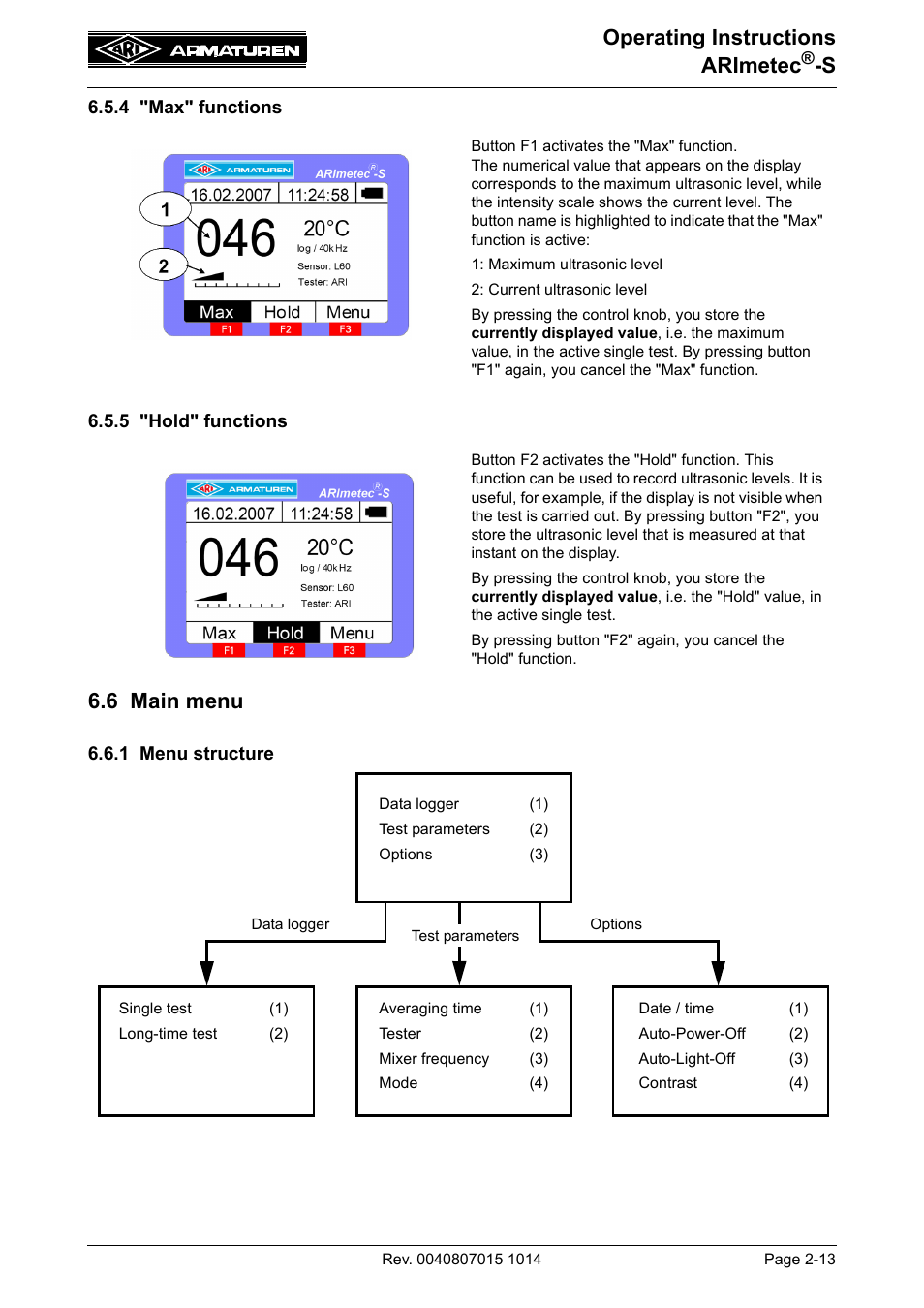 4 "max" functions, 5 "hold" functions, 6 main menu | 1 menu structure, 4 "max" functions -13 6.5.5 "hold" functions -13, 6 main menu -13, 1 menu structure -13, Operating instructions arimetec | ARI Armaturen ARImetec-S EN User Manual | Page 13 / 34