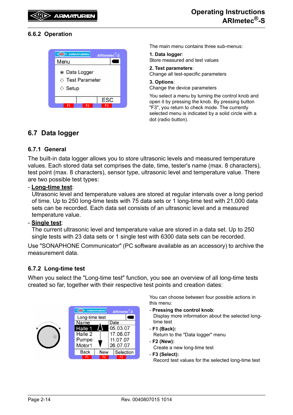 2 operation, 7 data logger, 1 general | 2 long-time test, 2 operation -14, 7 data logger -14, 1 general -14 6.7.2 long-time test -14, Operating instructions arimetec | ARI Armaturen ARImetec-S EN User Manual | Page 14 / 34
