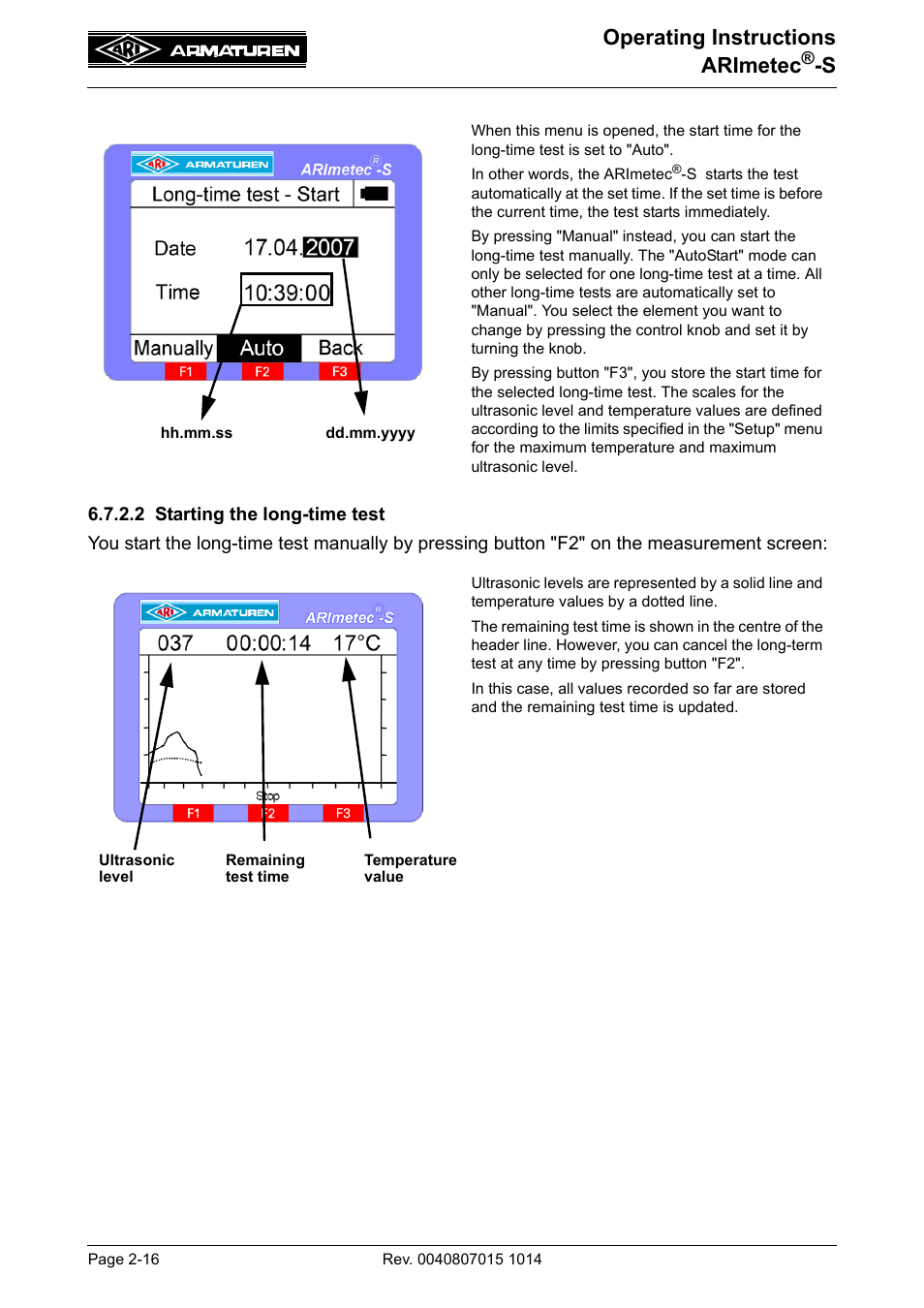 2 starting the long-time test, 2 starting the long-time test -16, Operating instructions arimetec | ARI Armaturen ARImetec-S EN User Manual | Page 16 / 34