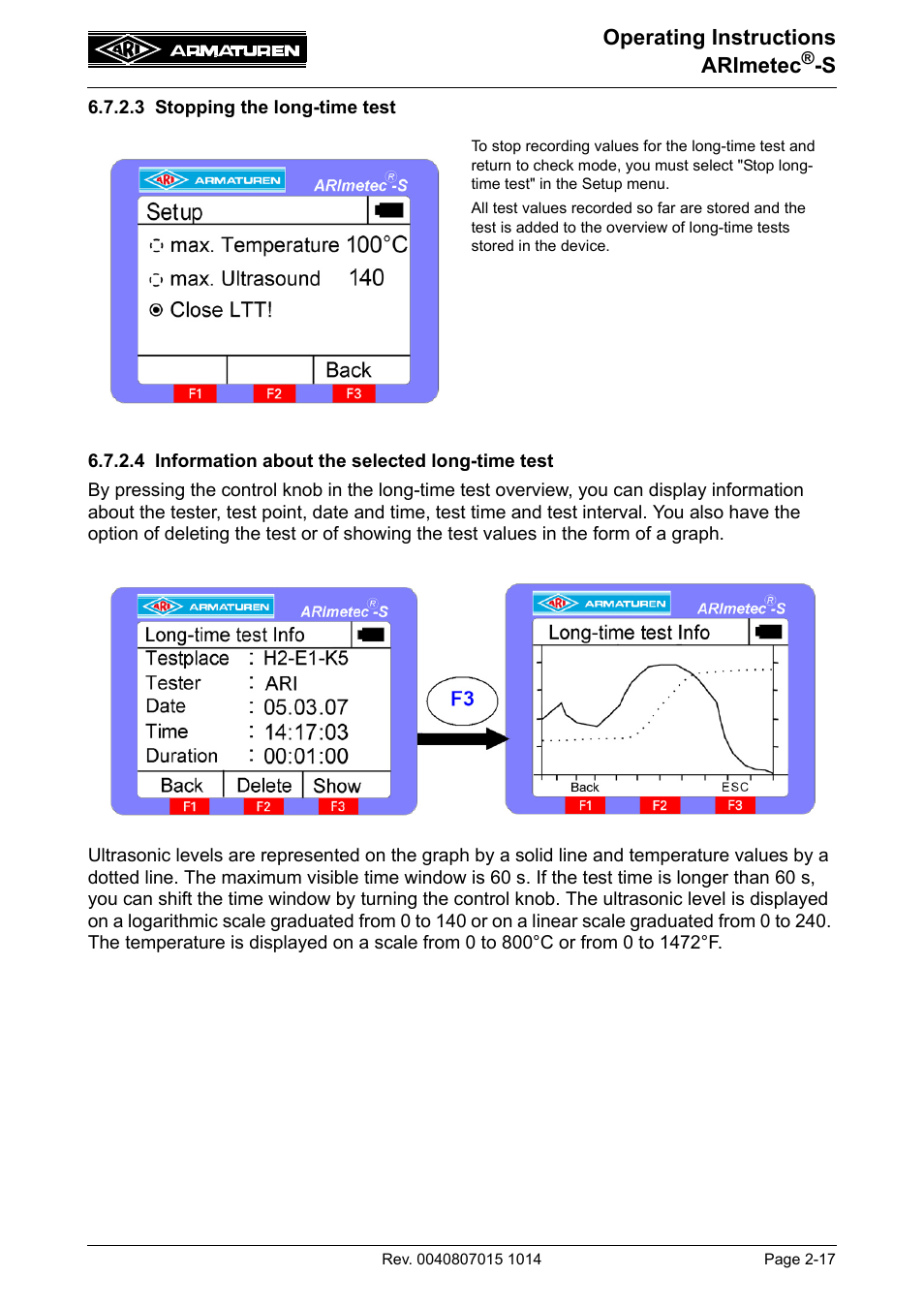 3 stopping the long-time test, 4 information about the selected long-time test, Operating instructions arimetec | ARI Armaturen ARImetec-S EN User Manual | Page 17 / 34