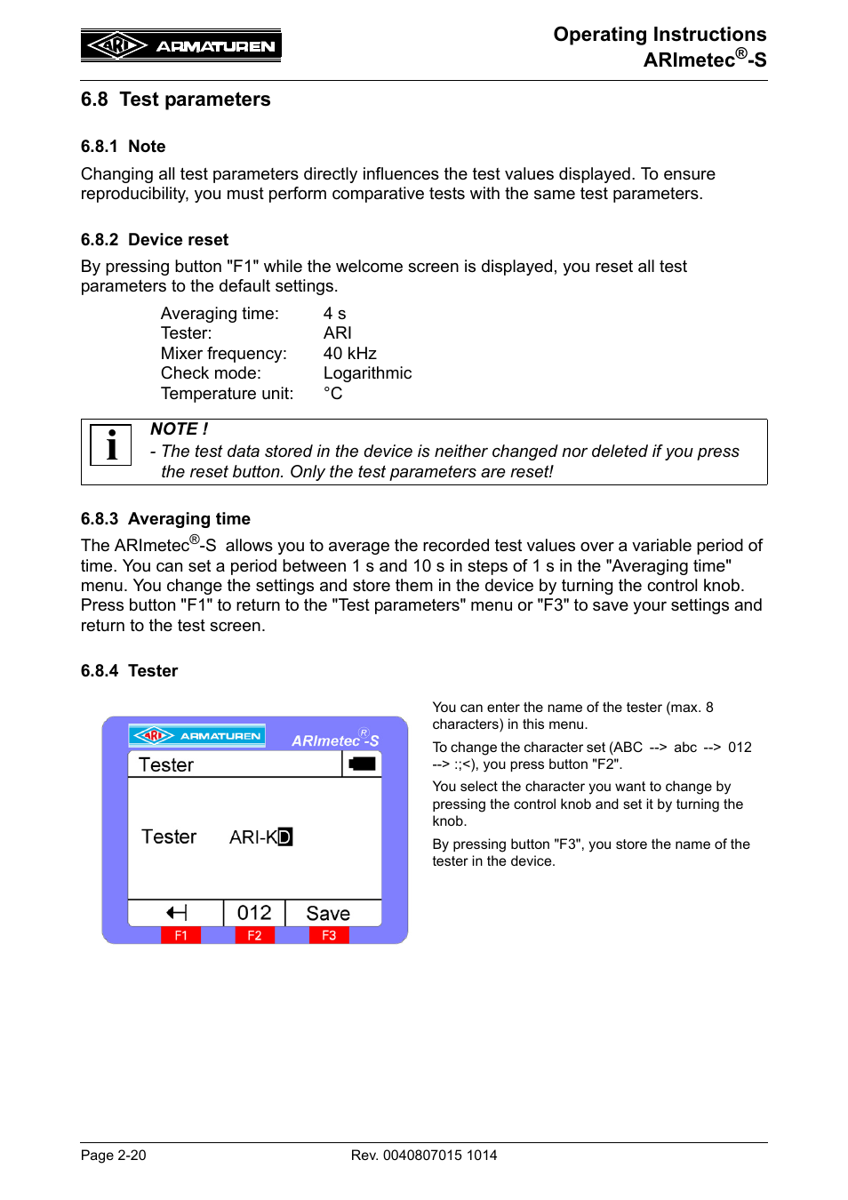 8 test parameters, 1 note, 2 device reset | 3 averaging time, 4 tester, 8 test parameters -20 | ARI Armaturen ARImetec-S EN User Manual | Page 20 / 34