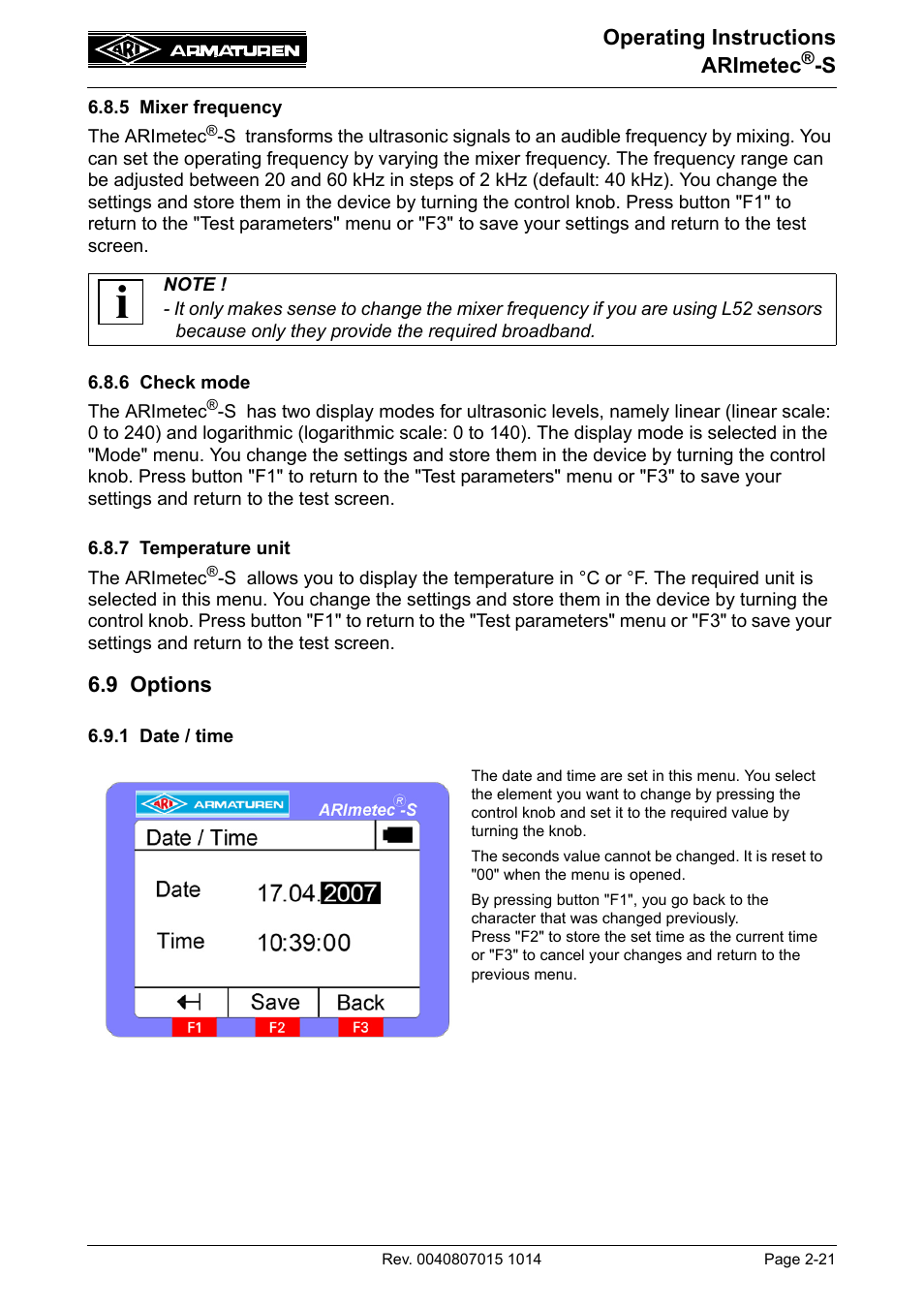 5 mixer frequency, 6 check mode, 7 temperature unit | 9 options, 1 date / time, 9 options -21, 1 date / time -21 | ARI Armaturen ARImetec-S EN User Manual | Page 21 / 34