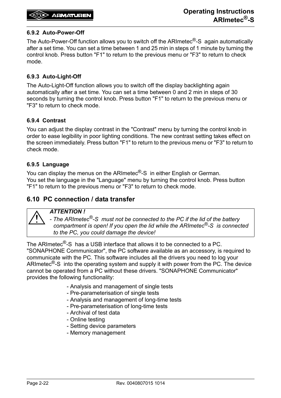 2 auto-power-off, 3 auto-light-off, 4 contrast | 5 language, 10 pc connection / data transfer, 10 pc connection / data transfer -22, Operating instructions arimetec | ARI Armaturen ARImetec-S EN User Manual | Page 22 / 34
