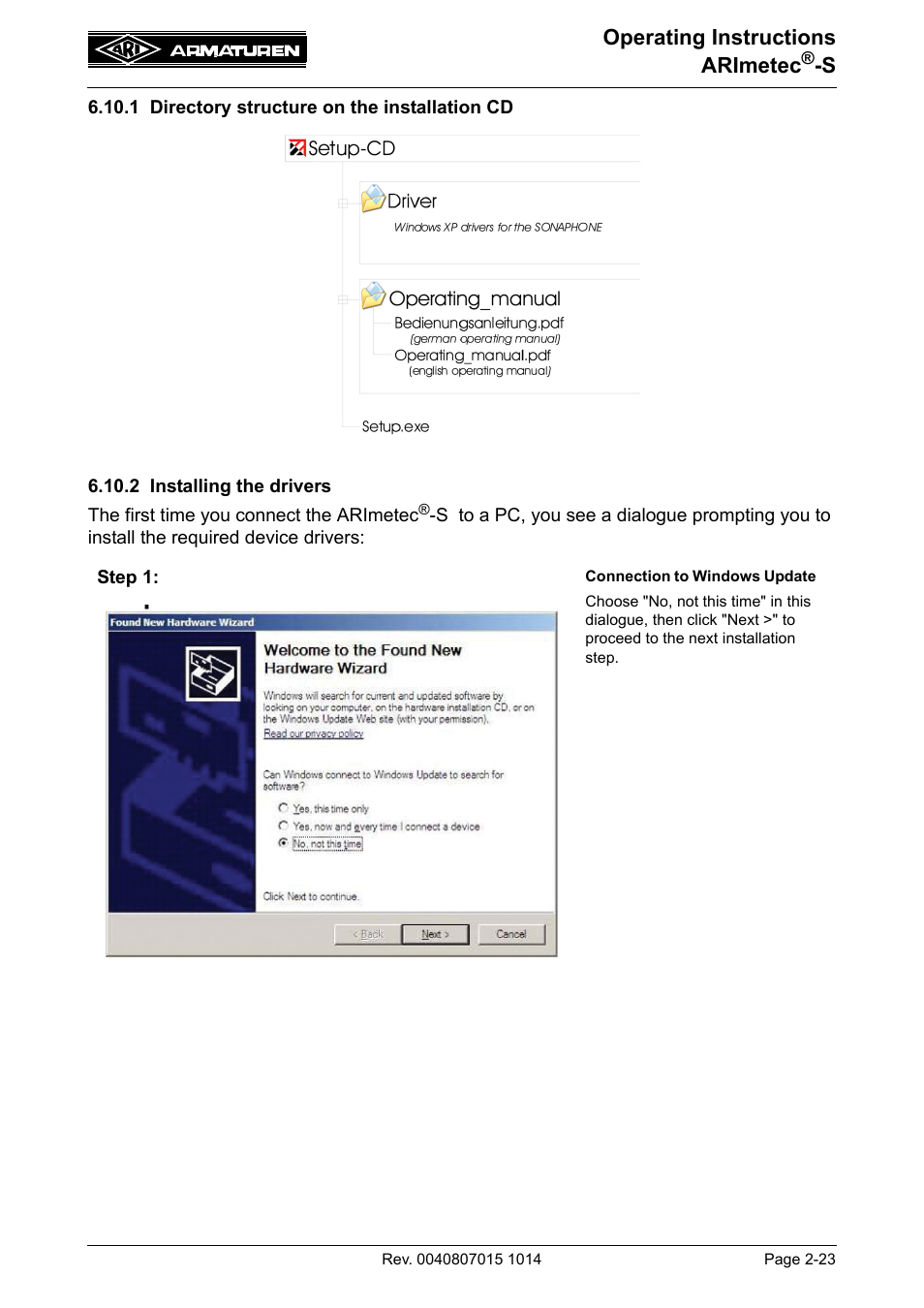 1 directory structure on the installation cd, 2 installing the drivers, Operating instructions arimetec | ARI Armaturen ARImetec-S EN User Manual | Page 23 / 34