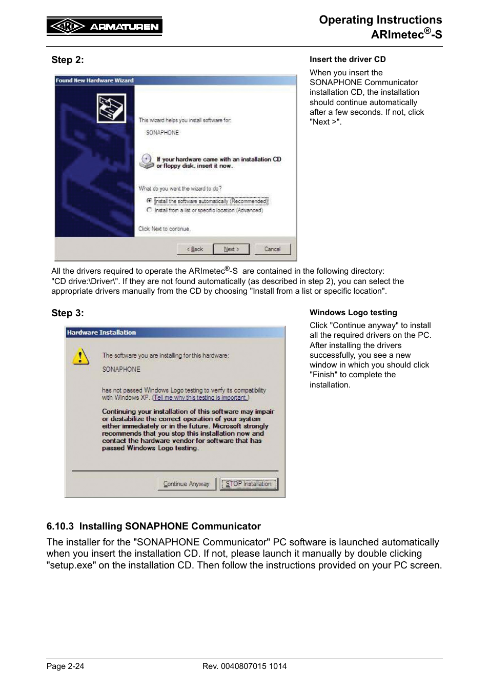 3 installing sonaphone communicator, 3 installing sonaphone communicator -24, Operating instructions arimetec | ARI Armaturen ARImetec-S EN User Manual | Page 24 / 34
