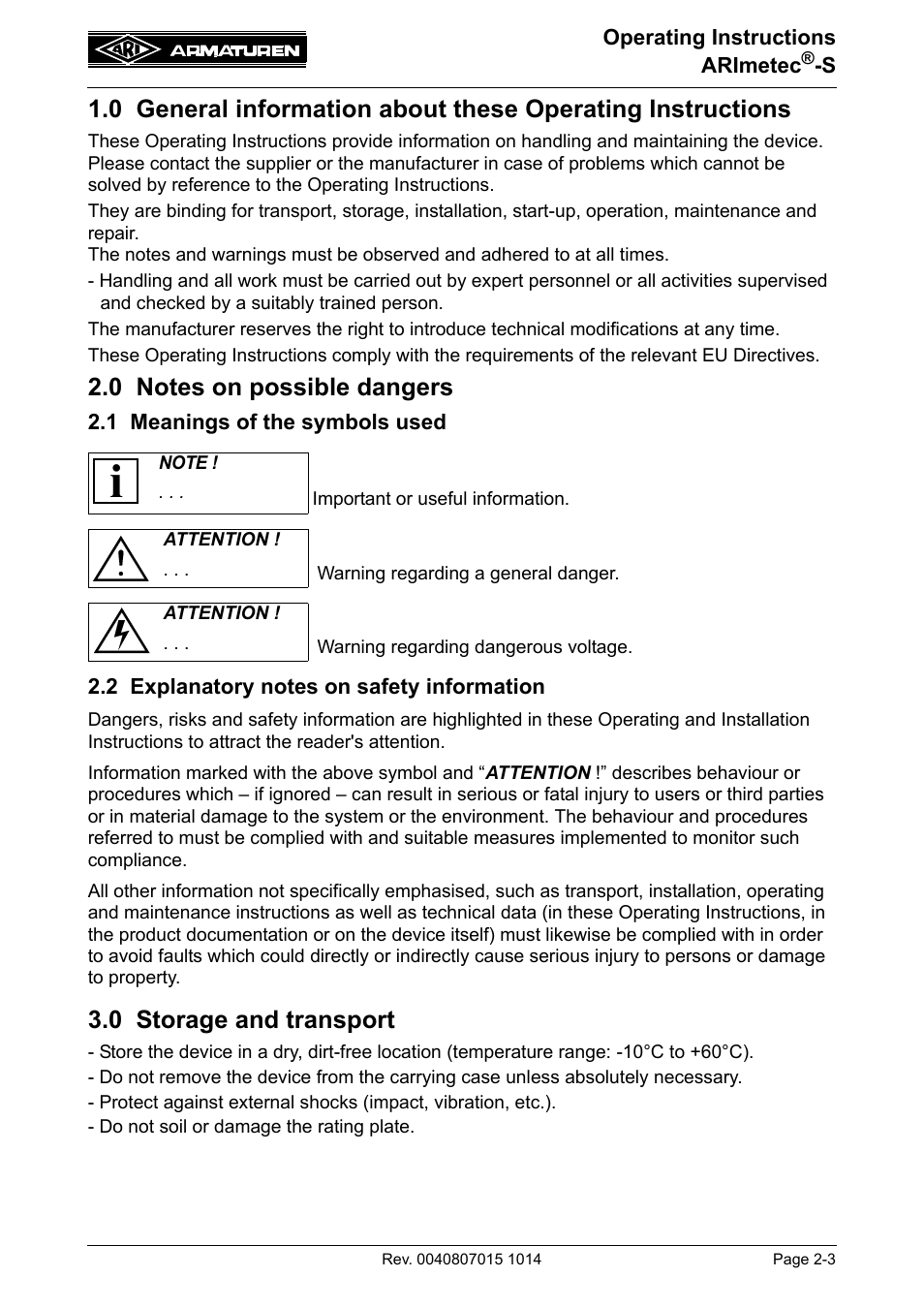 0 notes on possible dangers, 1 meanings of the symbols used, 2 explanatory notes on safety information | 0 storage and transport, 0 storage and transport -3 | ARI Armaturen ARImetec-S EN User Manual | Page 3 / 34