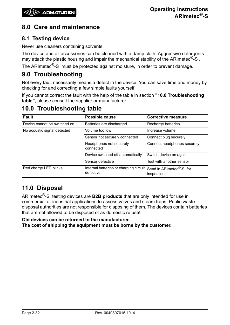 0 care and maintenance, 1 testing device, 0 troubleshooting | 0 troubleshooting table, 0 disposal, 0 care and maintenance -32, 1 testing device -32, 0 troubleshooting table 11.0 disposal, Operating instructions arimetec | ARI Armaturen ARImetec-S EN User Manual | Page 32 / 34
