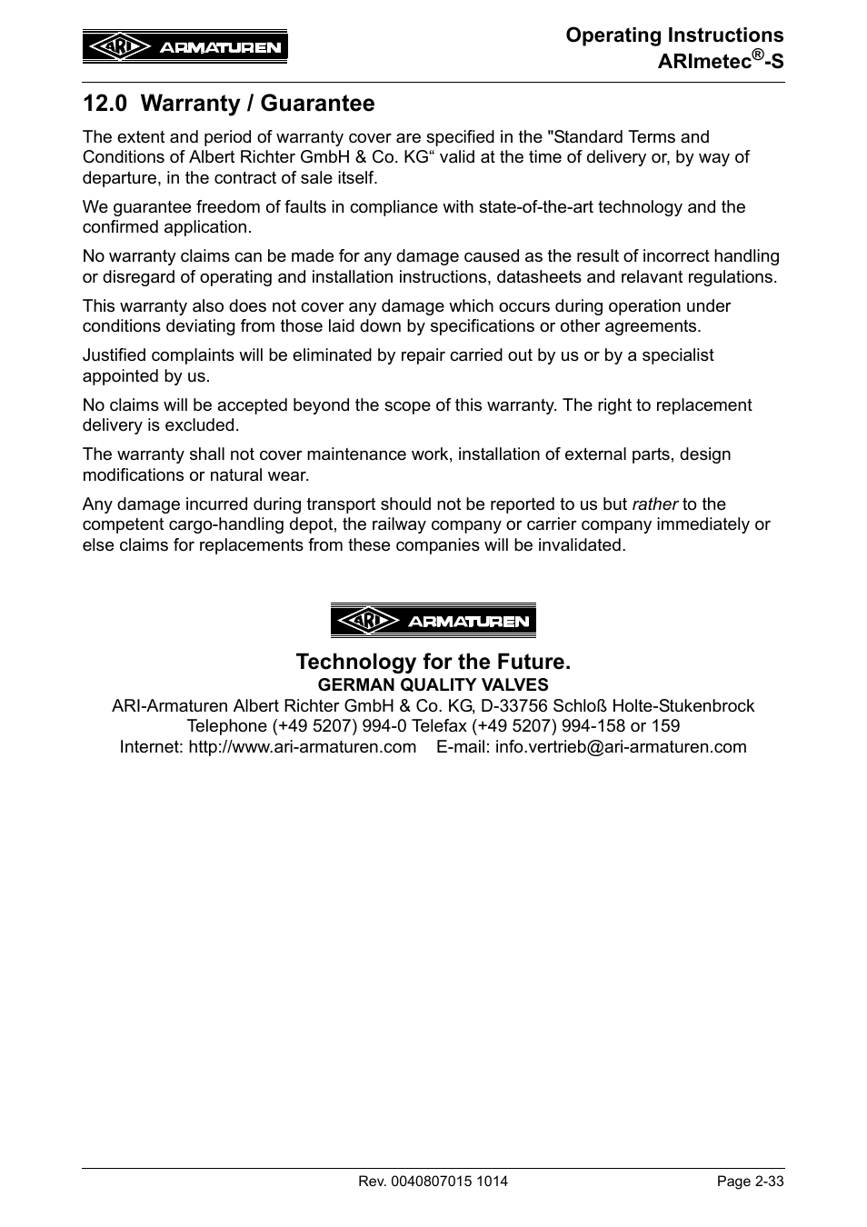 0 warranty / guarantee, 0 warranty / guarantee -33, Technology for the future | ARI Armaturen ARImetec-S EN User Manual | Page 33 / 34