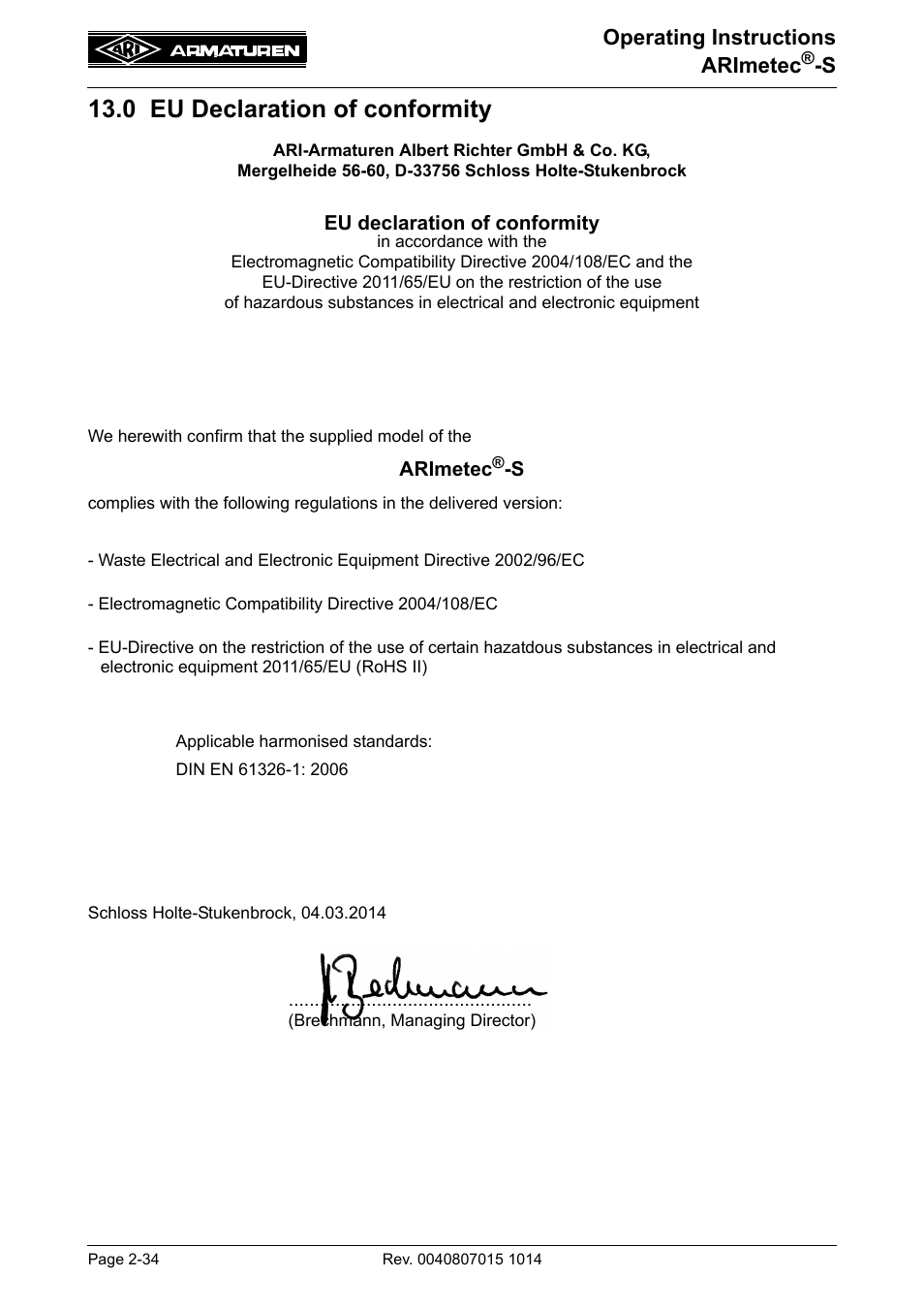 0 eu declaration of conformity, 0 eu declaration of conformity -34, Operating instructions arimetec | ARI Armaturen ARImetec-S EN User Manual | Page 34 / 34