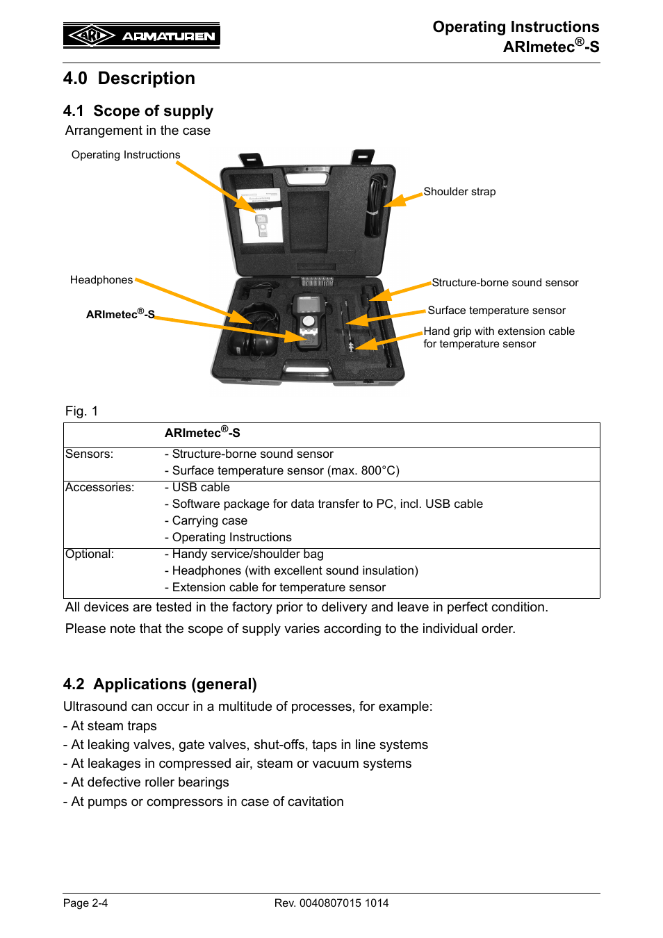 0 description, 1 scope of supply, 2 applications (general) | 0 description -4, 1 scope of supply -4 4.2 applications (general) -4, Operating instructions arimetec, 1 scope of supply 4.2 applications (general) | ARI Armaturen ARImetec-S EN User Manual | Page 4 / 34