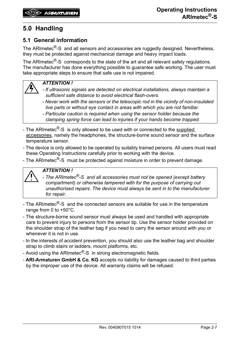 0 handling, 1 general information, 0 handling -7 | 1 general information -7 | ARI Armaturen ARImetec-S EN User Manual | Page 7 / 34