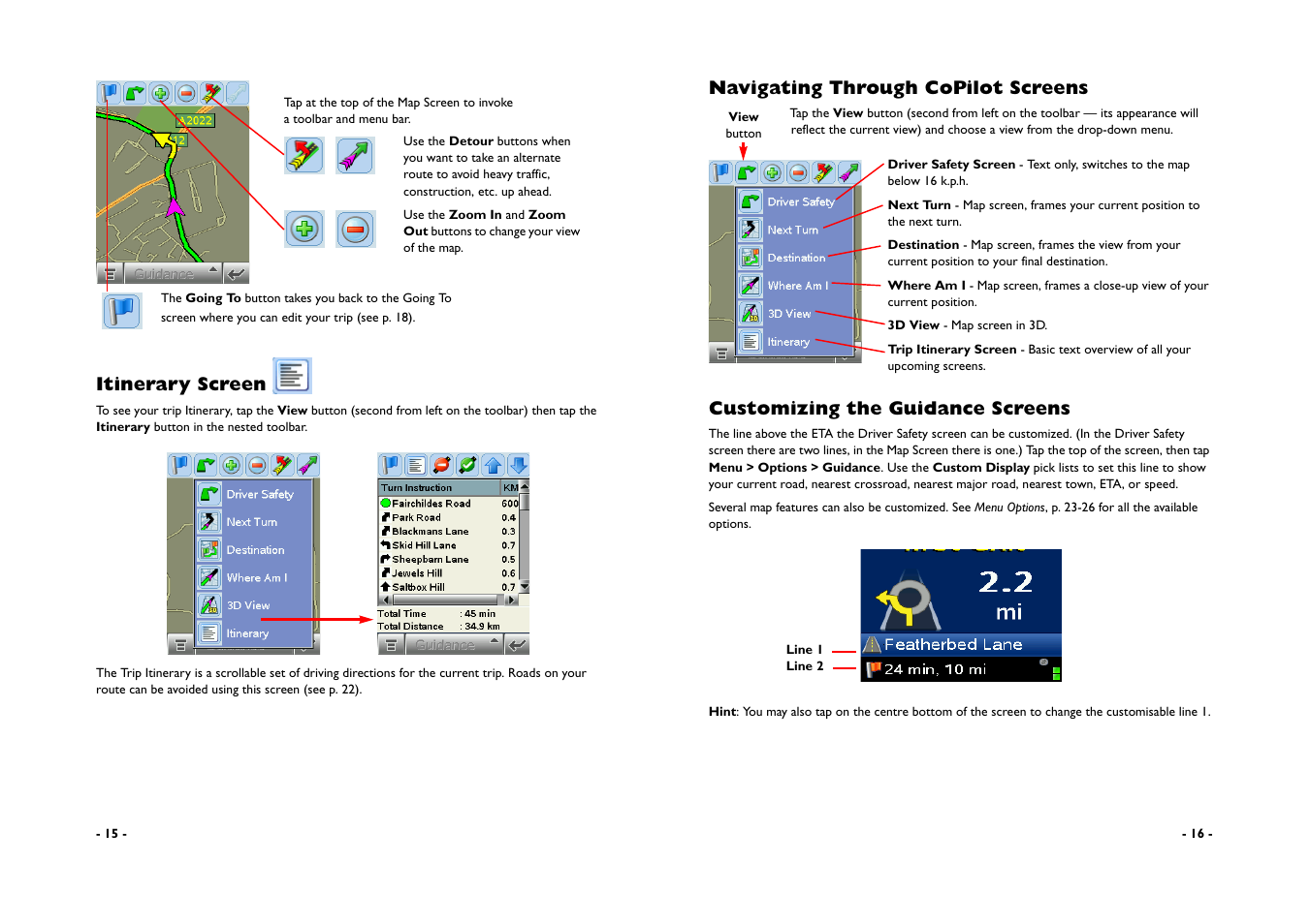 Itinerary screen, Navigating through copilot screens, Customizing the guidance screens | ALK Technologies CoPilot A780 User Manual | Page 10 / 47
