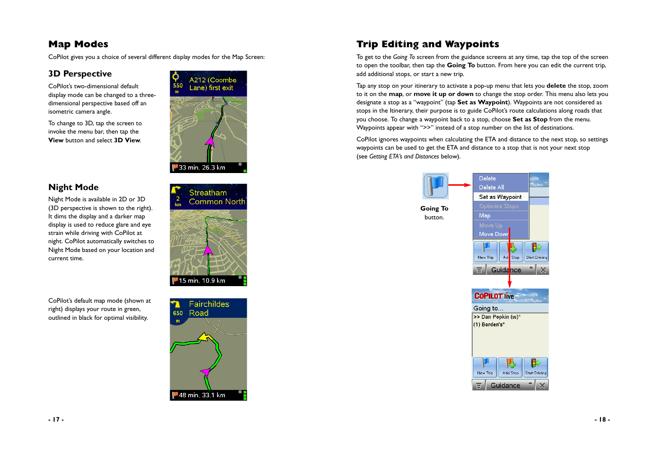 Map modes, Trip editing and waypoints | ALK Technologies CoPilot A780 User Manual | Page 11 / 47