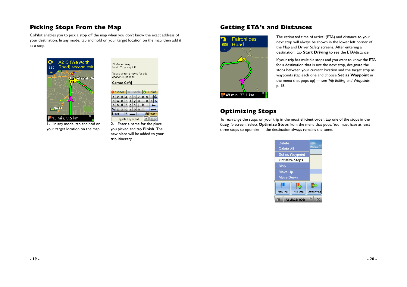 Picking stops from the map, Getting eta’s and distances, Optimizing stops | ALK Technologies CoPilot A780 User Manual | Page 12 / 47