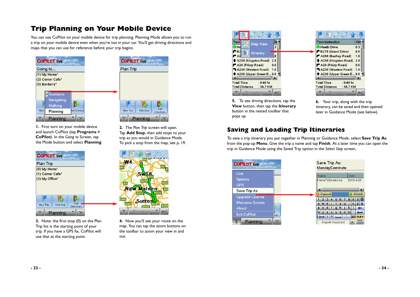 Trip planning on your mobile device, Saving and loading trip itineraries | ALK Technologies CoPilot A780 User Manual | Page 19 / 47
