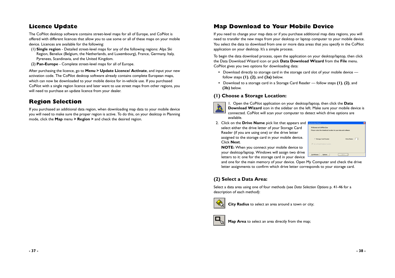 Licence update, Region selection, Map download to your mobile device | ALK Technologies CoPilot A780 User Manual | Page 21 / 47