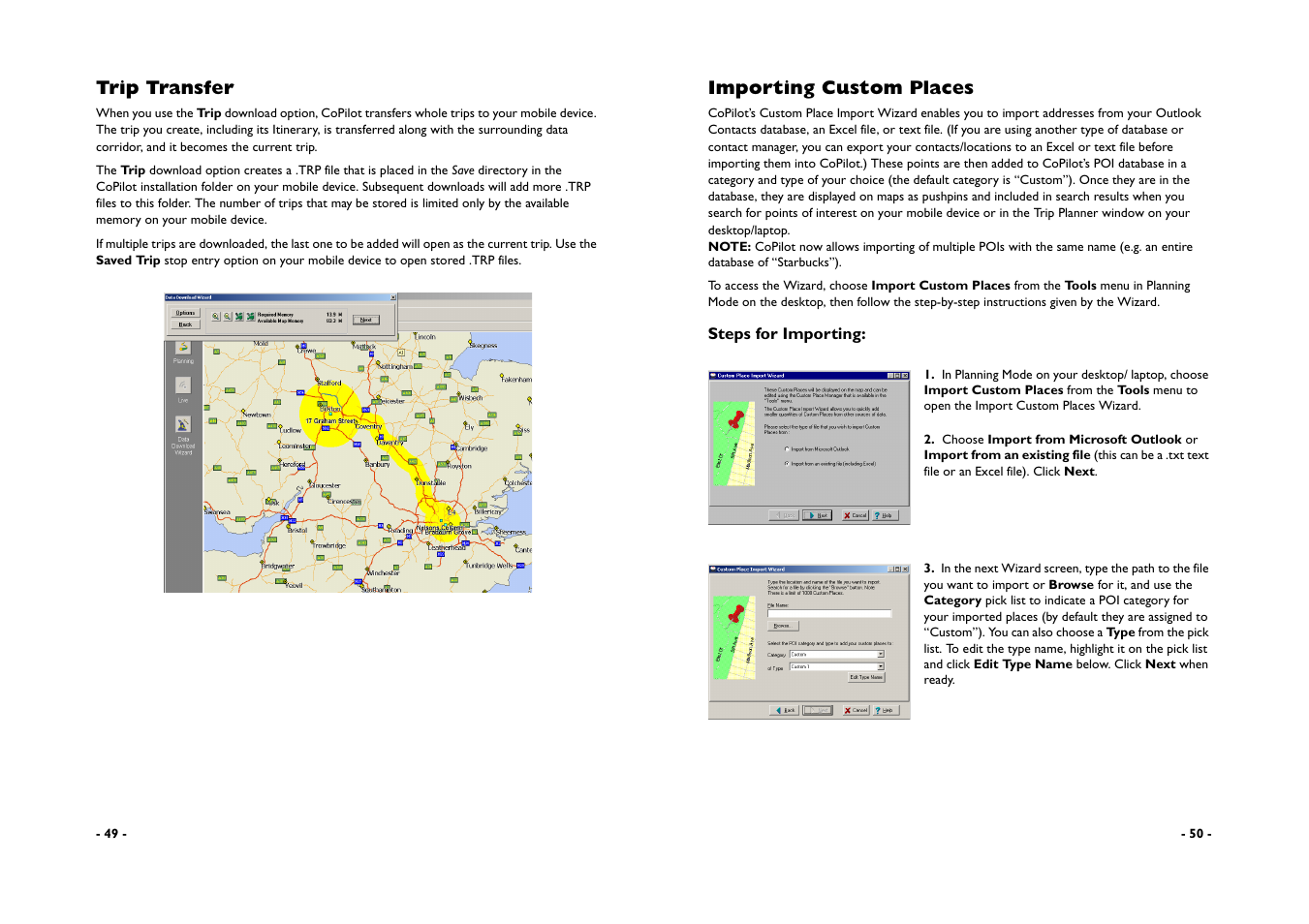 Trip transfer, Importing custom places | ALK Technologies CoPilot A780 User Manual | Page 27 / 47