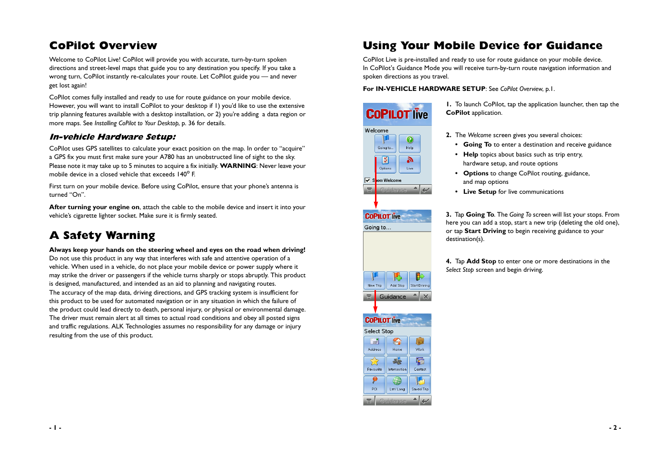 Copilot overview, A safety warning, Using your mobile device for guidance | ALK Technologies CoPilot A780 User Manual | Page 3 / 47